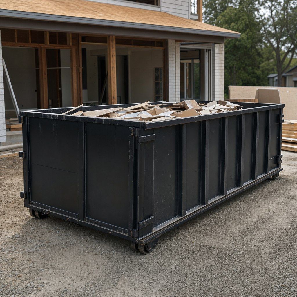 Large matte-black 30-yard construction roll-off dumpster at an active Oakland jobsite, steel-gray top rails and bottom rollers visible, loaded with construction debris.