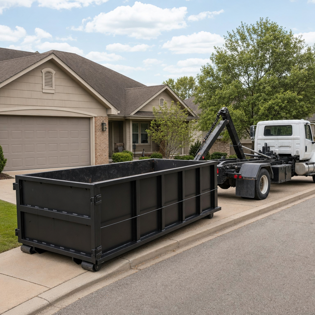 Wide documentary shot of a matte-black roll-off dumpster on a Oakland residential driveway in the foreground and a contractor jobsite container in the soft-focus background, bright daylight, calm and orderly composition.